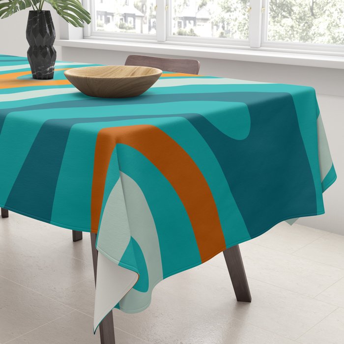 Wavy Loops Retro Abstract Pattern Teal Turquoise Orange Aqua Tablecloth Gallery Image 3
