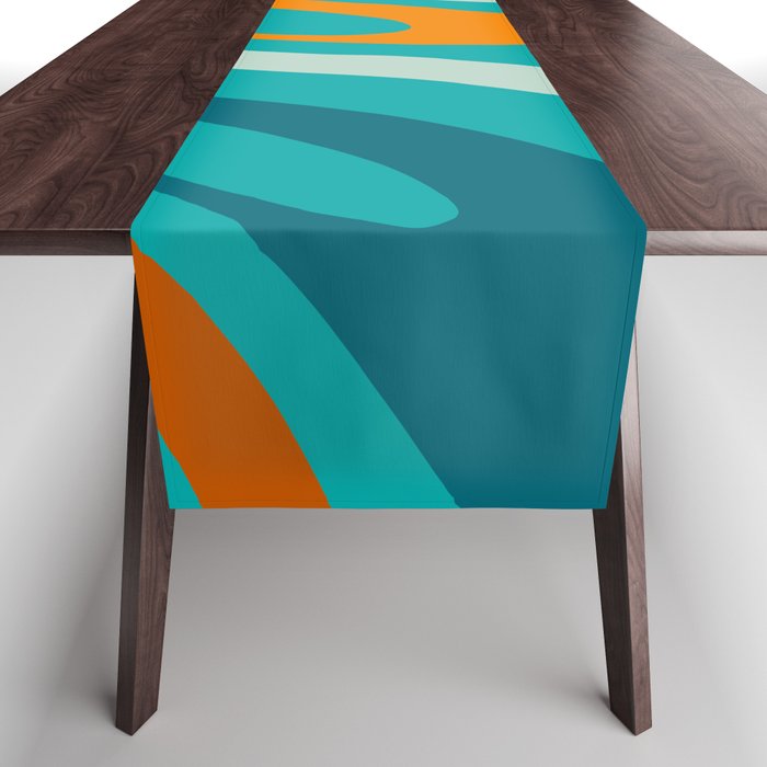 Wavy Loops Retro Abstract Pattern Teal Turquoise Orange Aqua Table Runner Gallery Image 1