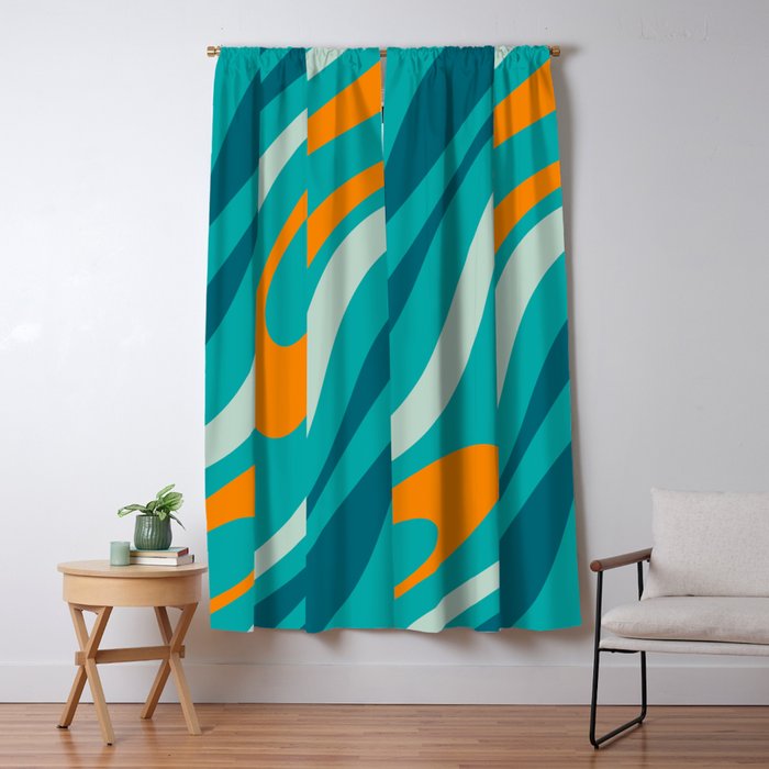 Wavy Loops Retro Abstract Pattern Teal Turquoise Orange Aqua Window Curtain Gallery Image 1