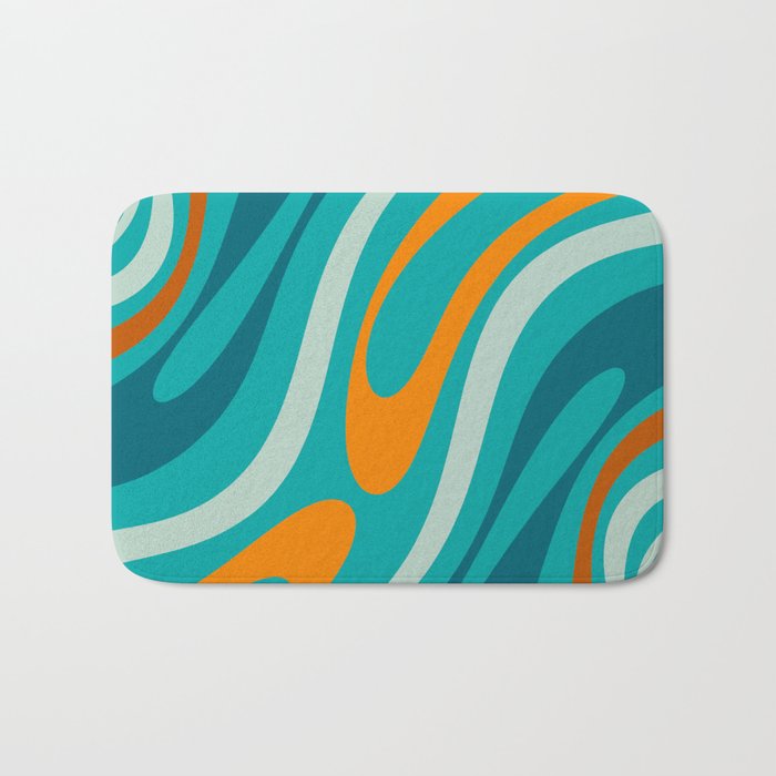 Wavy Loops Retro Abstract Pattern Teal Turquoise Orange Aqua Bath Mat Gallery Image 1