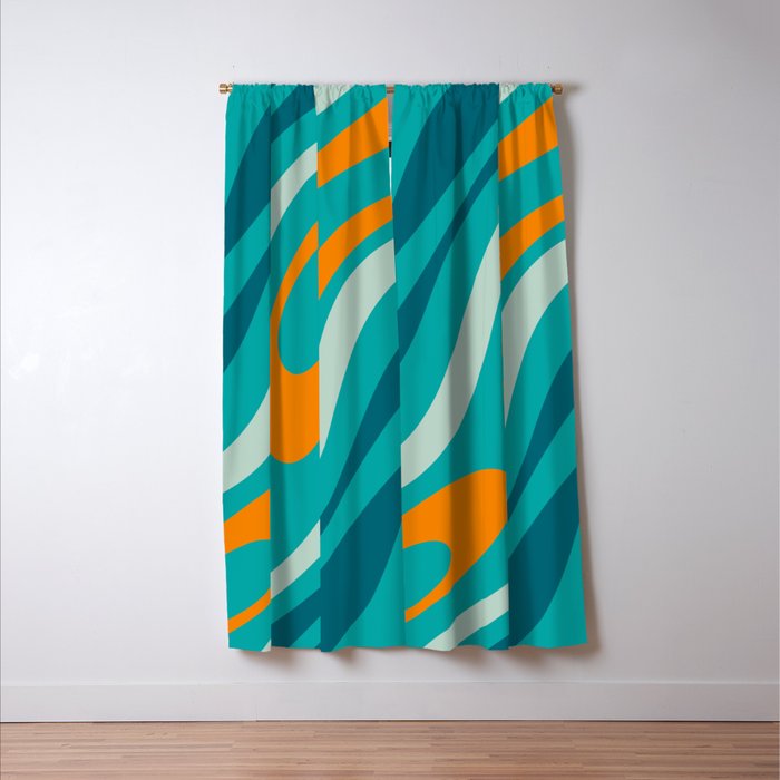 Wavy Loops Retro Abstract Pattern Teal Turquoise Orange Aqua Window Curtain Gallery Image 3