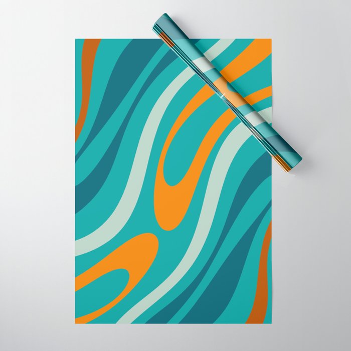 Wavy Loops Retro Abstract Pattern Teal Turquoise Orange Aqua Wrapping Paper Gallery Image 1