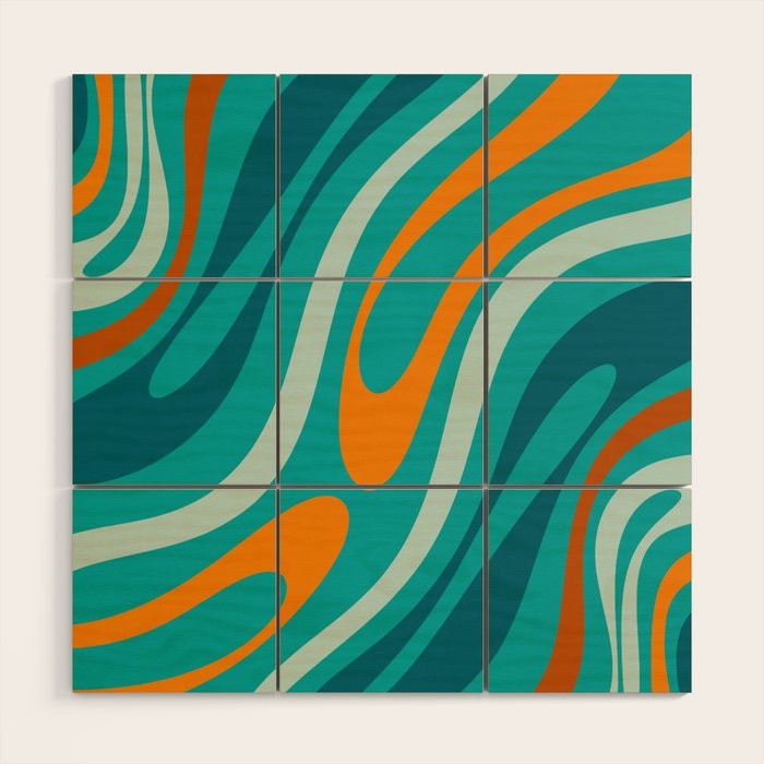 Wavy Loops Retro Abstract Pattern Teal Turquoise Orange Aqua Wood Wall Art Gallery Image 3