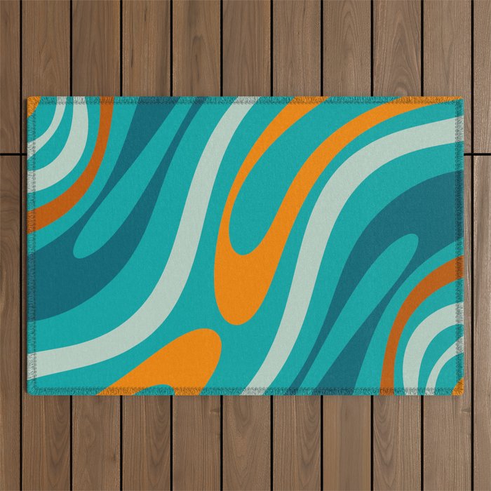 Wavy Loops Retro Abstract Pattern Teal Turquoise Orange Aqua Outdoor Rug Gallery Image 1