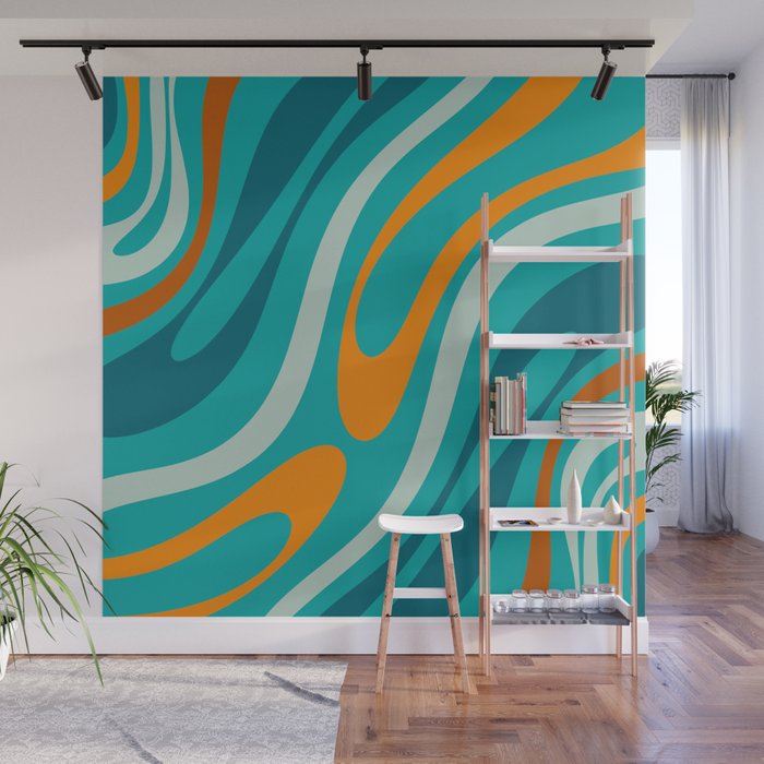 Wavy Loops Retro Abstract Pattern Teal Turquoise Orange Aqua Wall Mural Gallery Image 1