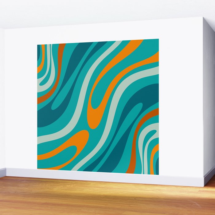 Wavy Loops Retro Abstract Pattern Teal Turquoise Orange Aqua Wall Mural Gallery Image 2