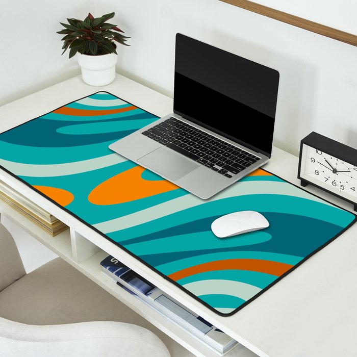 Wavy Loops Retro Abstract Pattern Teal Turquoise Orange Aqua Desk Mat Gallery Image 2