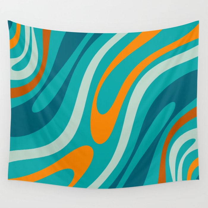 Wavy Loops Retro Abstract Pattern Teal Turquoise Orange Aqua Wall Tapestry Gallery Image 4
