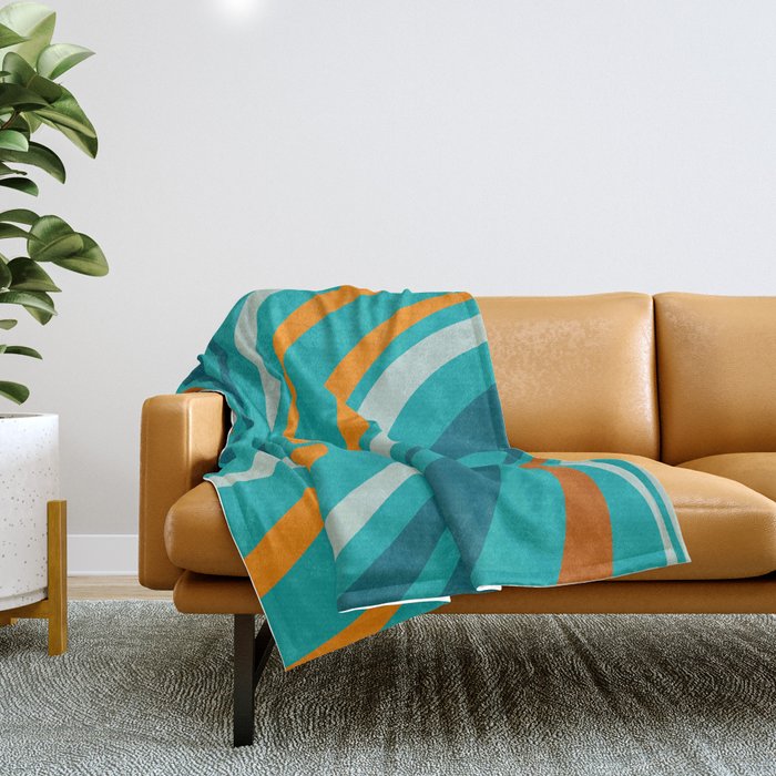 Wavy Loops Retro Abstract Pattern Teal Turquoise Orange Aqua Throw Blanket Gallery Image 1