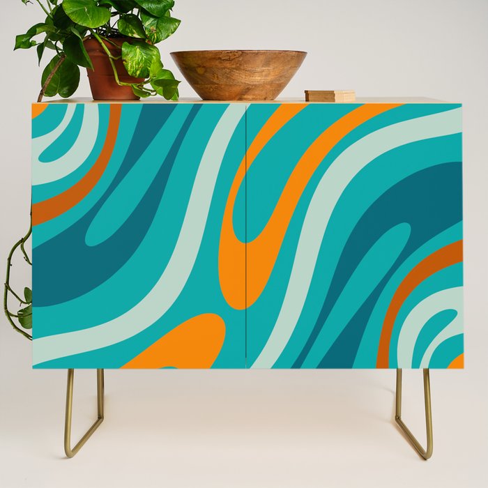 Wavy Loops Retro Abstract Pattern Teal Turquoise Orange Aqua Credenza Gallery Image 1