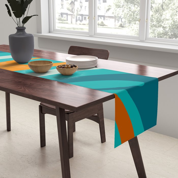 Wavy Loops Retro Abstract Pattern Teal Turquoise Orange Aqua Table Runner Gallery Image 2