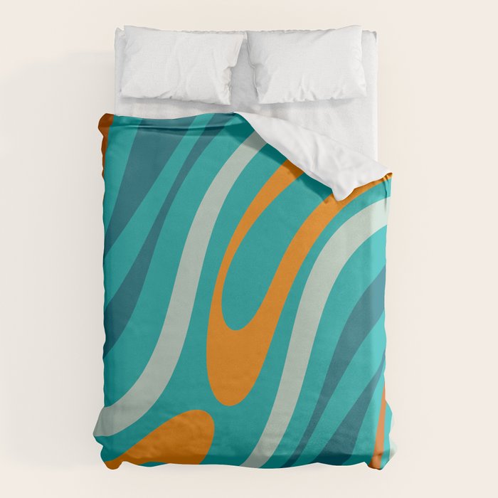 Wavy Loops Retro Abstract Pattern Teal Turquoise Orange Aqua Duvet Cover Gallery Image 6