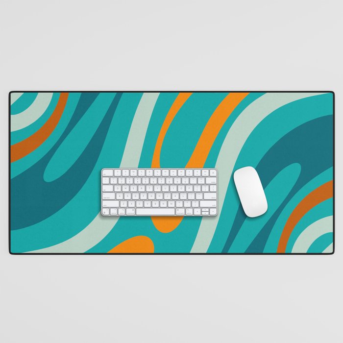 Wavy Loops Retro Abstract Pattern Teal Turquoise Orange Aqua Desk Mat Gallery Image 1