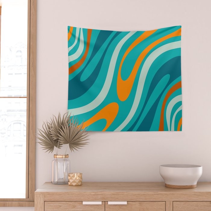 Wavy Loops Retro Abstract Pattern Teal Turquoise Orange Aqua Wall Tapestry Gallery Image 2