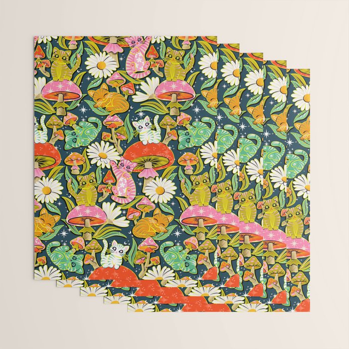 Kittens & Shrooms - Electric on Navy Wrapping Paper Gallery Image 3