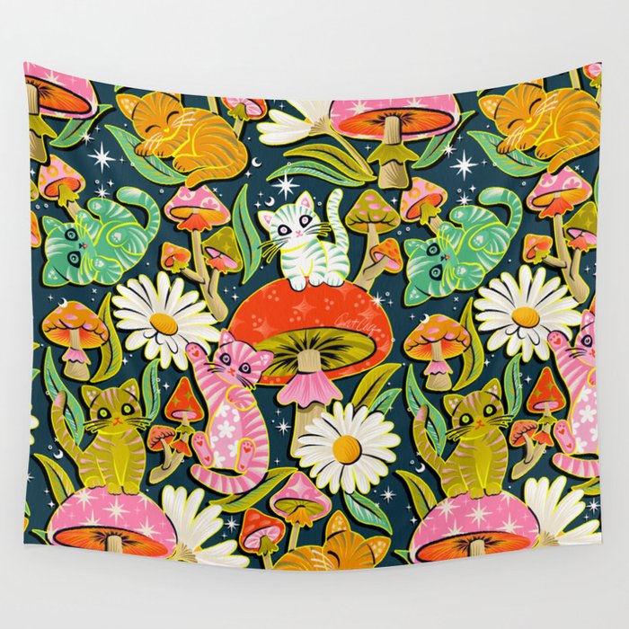 Kittens & Shrooms - Electric on Navy Wall Tapestry Gallery Image 1