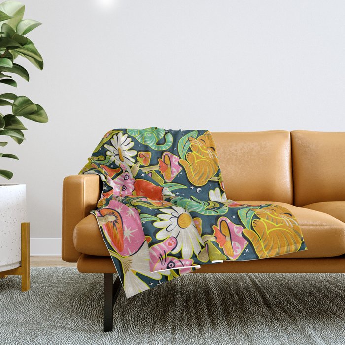 Kittens & Shrooms - Electric on Navy Throw Blanket Gallery Image 1