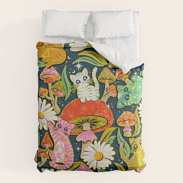 Kittens & Shrooms - Electric on Navy Comforter Gallery Image 6