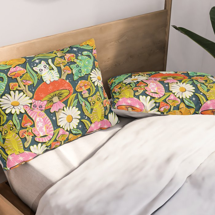 Kittens & Shrooms - Electric on Navy Pillow Sham Gallery Image 2