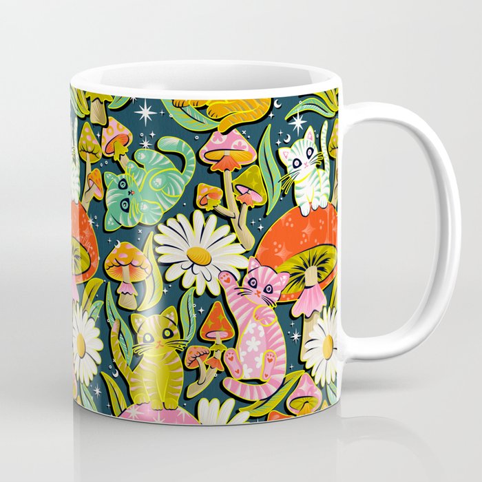 Kittens & Shrooms - Electric on Navy Coffee Mug Gallery Image 1