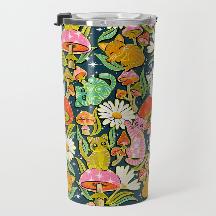 Kittens & Shrooms - Electric on Navy Travel Mug Gallery Image 3