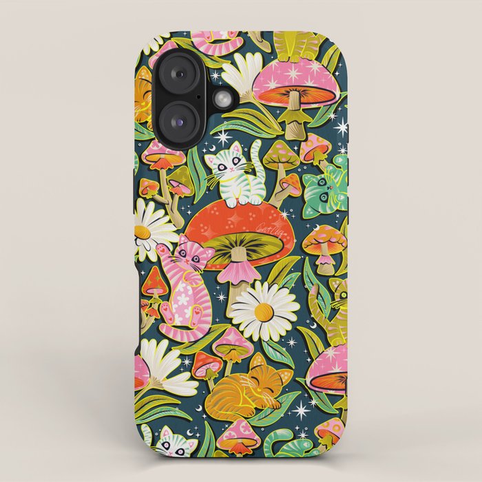 Kittens & Shrooms - Electric on Navy iPhone Case Gallery Image 1