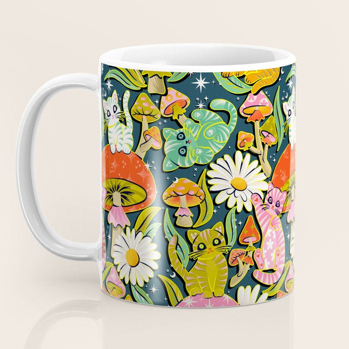 Kittens & Shrooms - Electric on Navy Coffee Mug Gallery Image 3