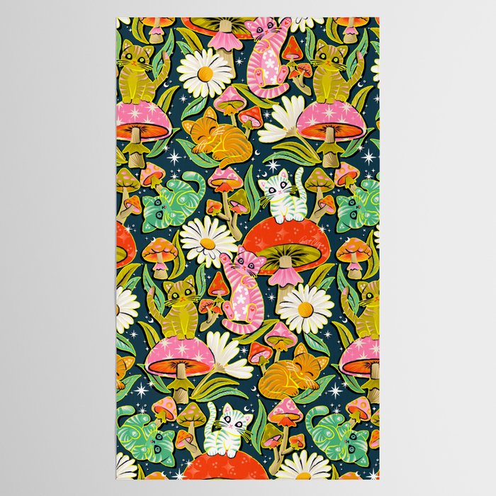 Kittens & Shrooms - Electric on Navy Tablecloth Gallery Image 2