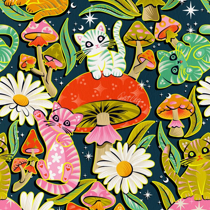 Kittens & Shrooms - Electric on Navy Coffee Mug Gallery Image 2