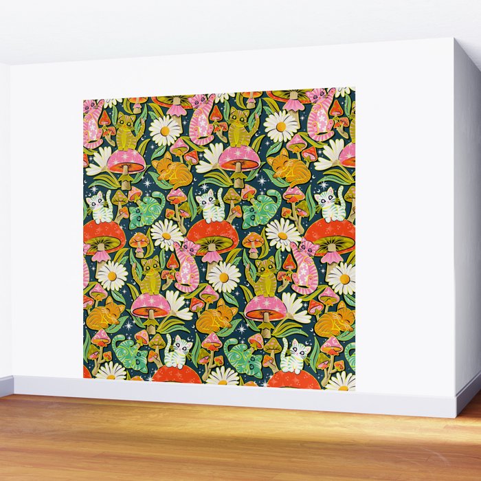 Kittens & Shrooms - Electric on Navy Wall Mural Gallery Image 2