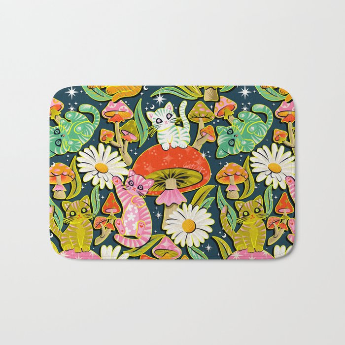 Kittens & Shrooms - Electric on Navy Bath Mat Gallery Image 1