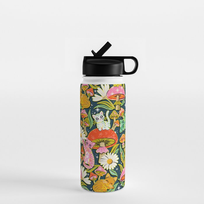Kittens & Shrooms - Electric on Navy Water Bottle Gallery Image 1