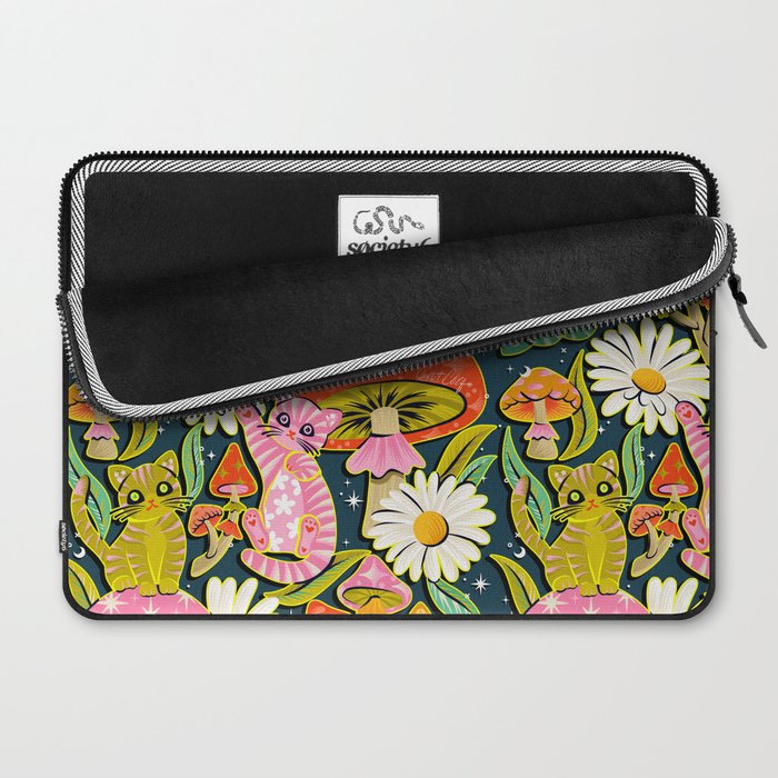 Kittens & Shrooms - Electric on Navy Laptop Sleeve Gallery Image 2