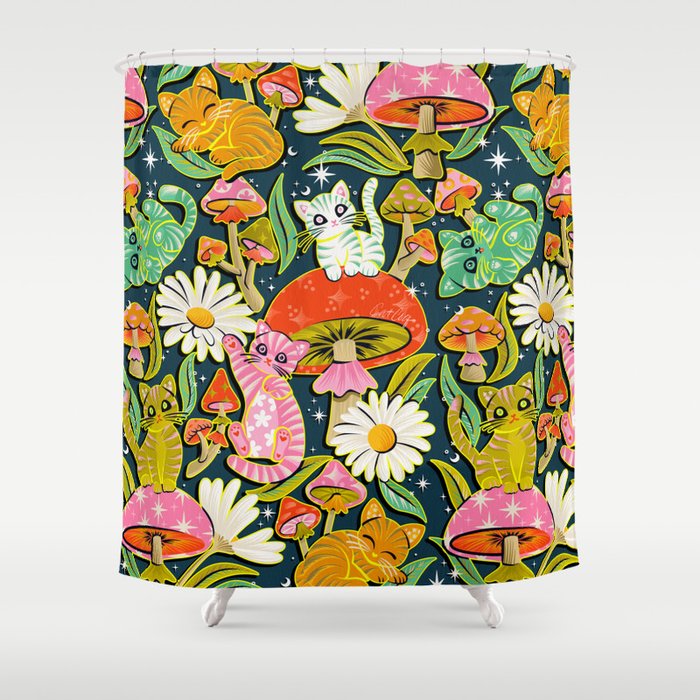 Kittens & Shrooms - Electric on Navy Shower Curtain Gallery Image 1