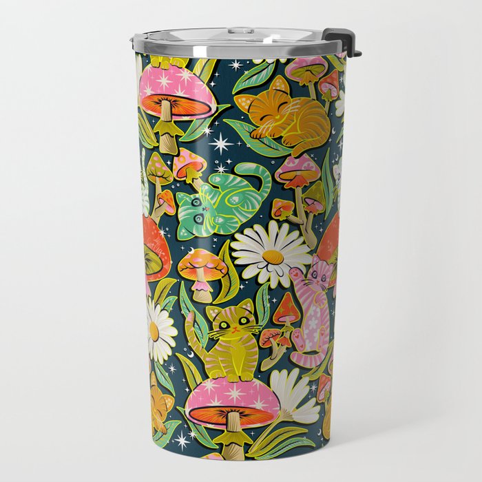 Kittens & Shrooms - Electric on Navy Travel Mug Gallery Image 2
