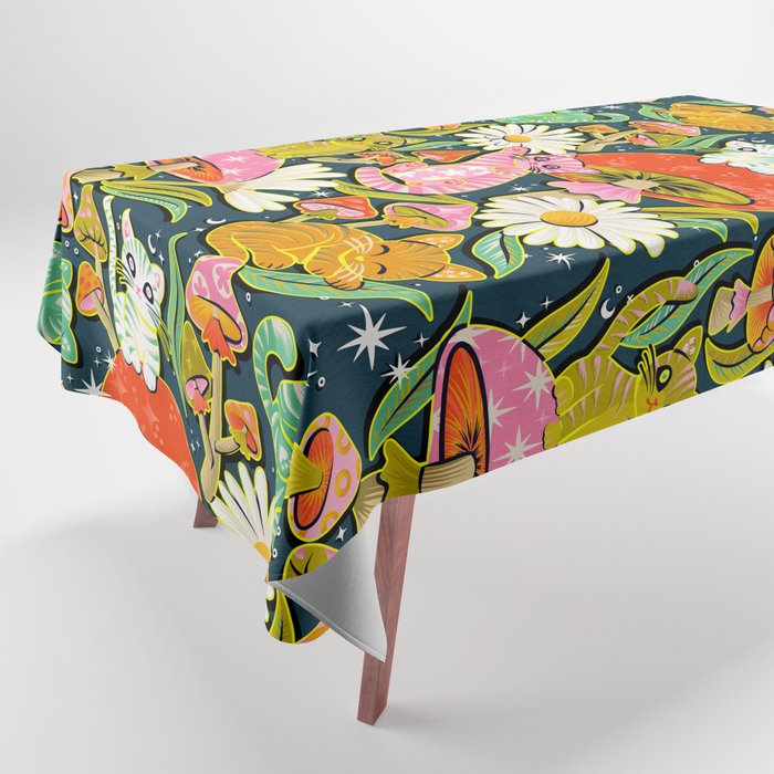 Kittens & Shrooms - Electric on Navy Tablecloth Gallery Image 1
