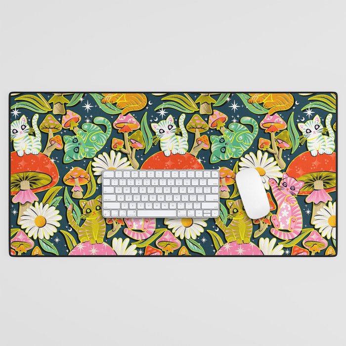 Kittens & Shrooms - Electric on Navy Desk Mat Gallery Image 1