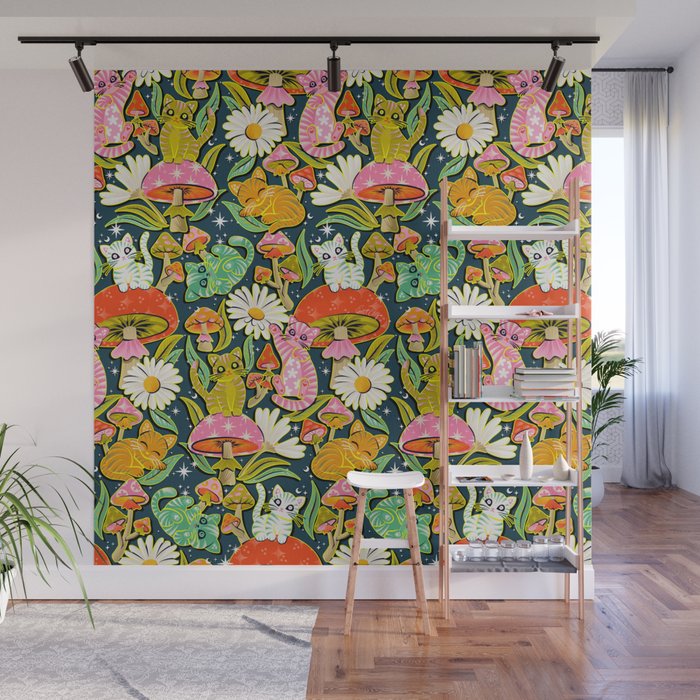 Kittens & Shrooms - Electric on Navy Wall Mural Gallery Image 1