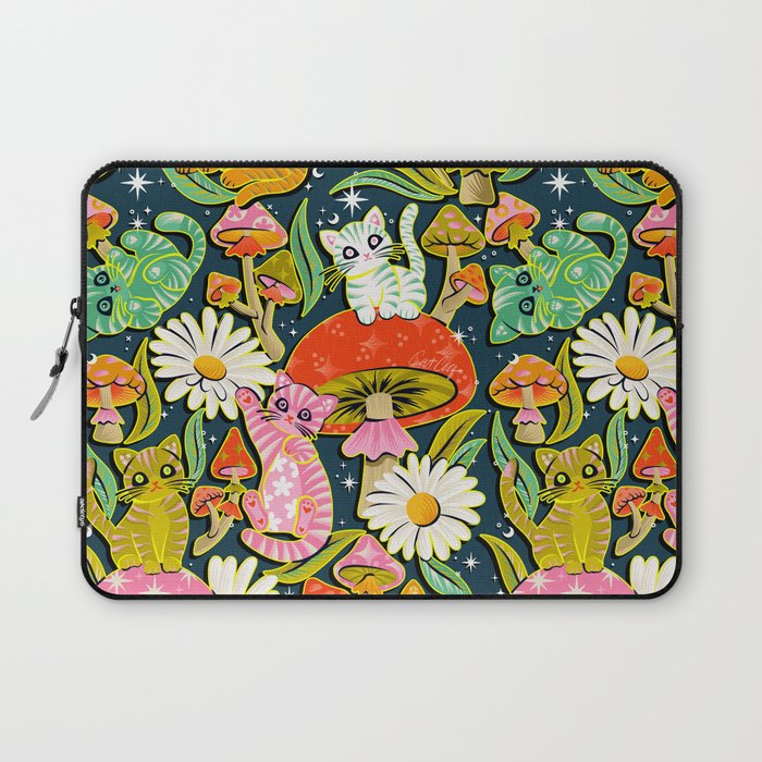 Kittens & Shrooms - Electric on Navy Laptop Sleeve Gallery Image 1