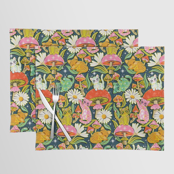 Kittens & Shrooms - Electric on Navy Placemat Gallery Image 1