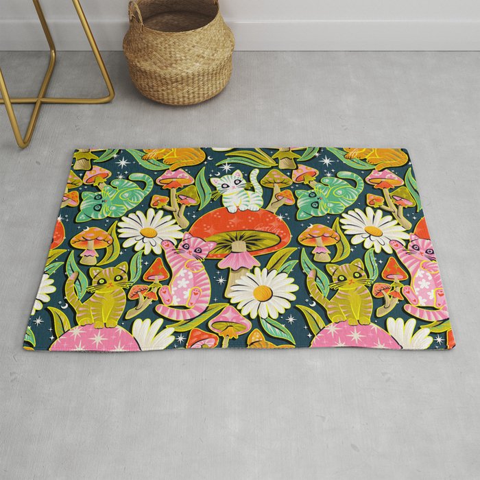 Kittens & Shrooms - Electric on Navy Rug Gallery Image 1