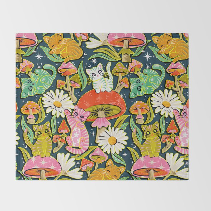 Kittens & Shrooms - Electric on Navy Throw Blanket Gallery Image 2