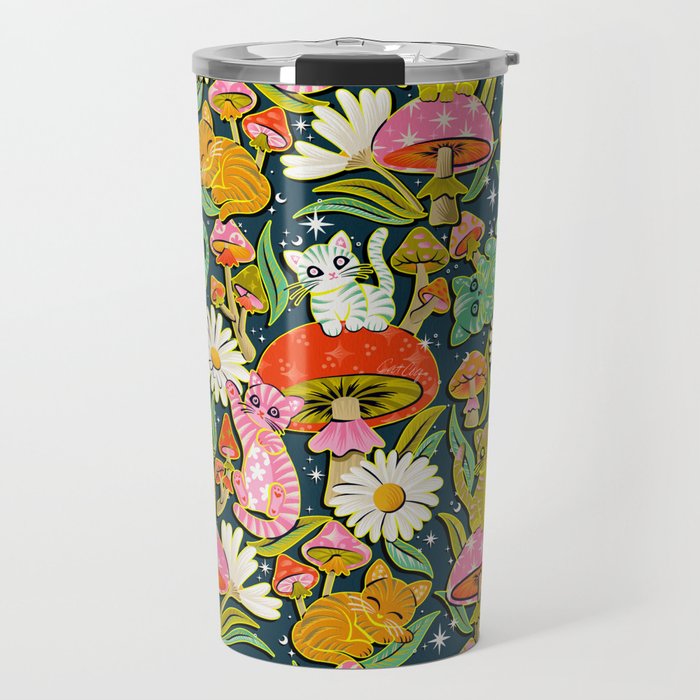 Kittens & Shrooms - Electric on Navy Travel Mug Gallery Image 1