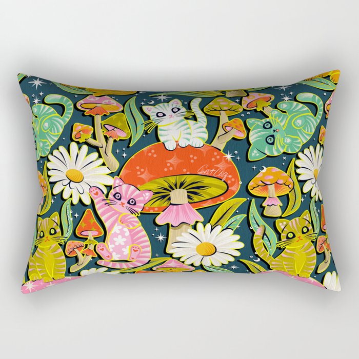 Kittens & Shrooms - Electric on Navy Rectangular Pillow Gallery Image 2