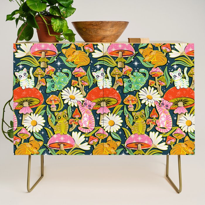 Kittens & Shrooms - Electric on Navy Credenza Gallery Image 1