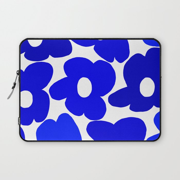 Large Blue Retro Flowers White Background Fresh Blue And White  #decor #society6 #buyart Laptop Sleeve Gallery Image 1