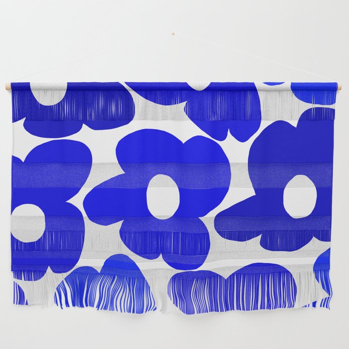 Large Blue Retro Flowers White Background Fresh Blue And White  #decor #society6 #buyart Wall Hanging Gallery Image 1