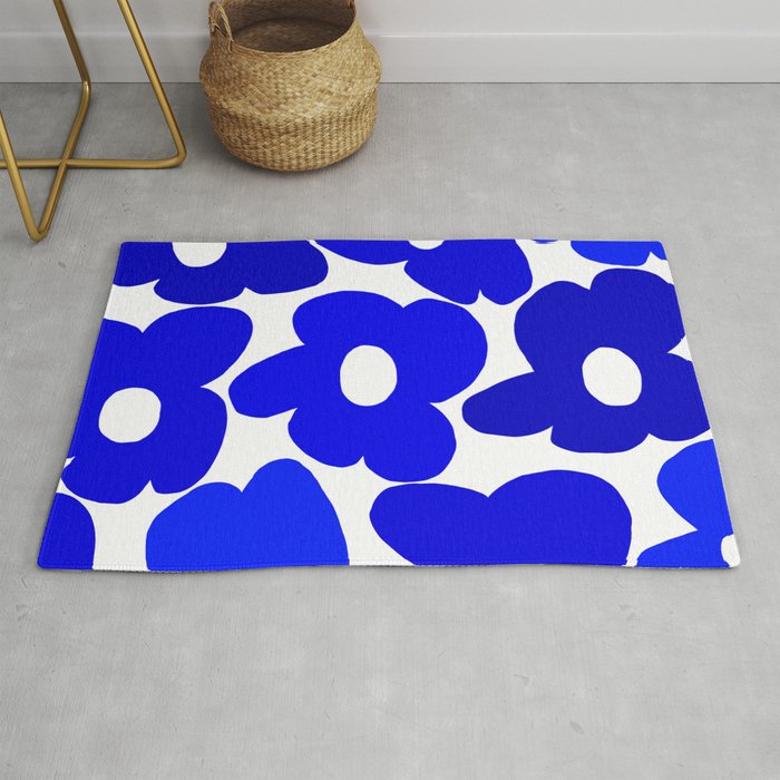 Large Blue Retro Flowers White Background Fresh Blue And White  #decor #society6 #buyart Rug Gallery Image 1
