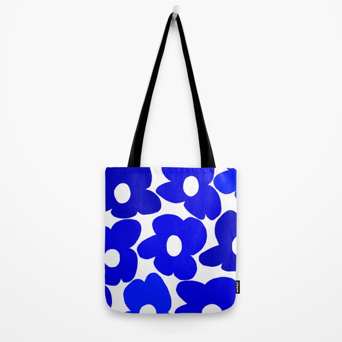 Large Blue Retro Flowers White Background Fresh Blue And White  #decor #society6 #buyart Tote Bag Gallery Image 2