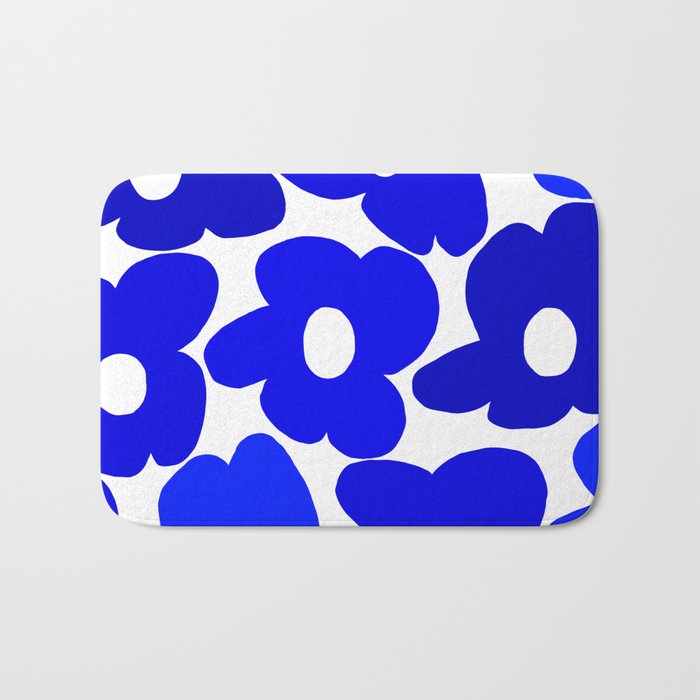Large Blue Retro Flowers White Background Fresh Blue And White  #decor #society6 #buyart Bath Mat Gallery Image 1